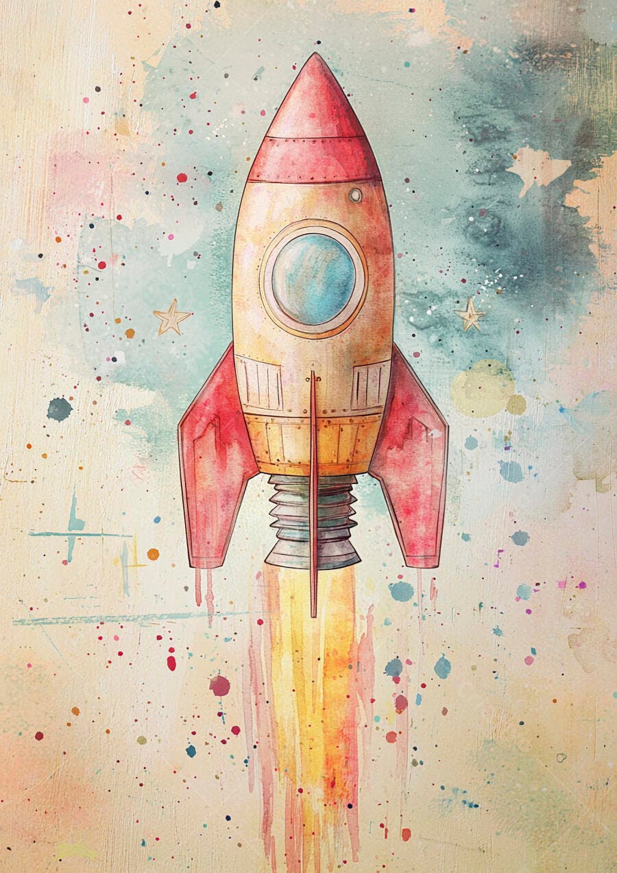 Foguete aquarela vermelho e amarelo decolando no espaço com estrelas