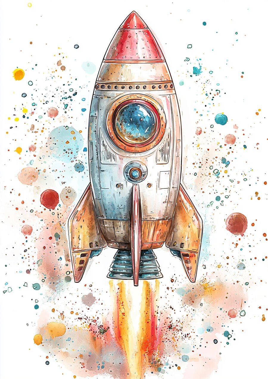 Foguete colorido estilo aquarela em lançamento com explosão vibrante