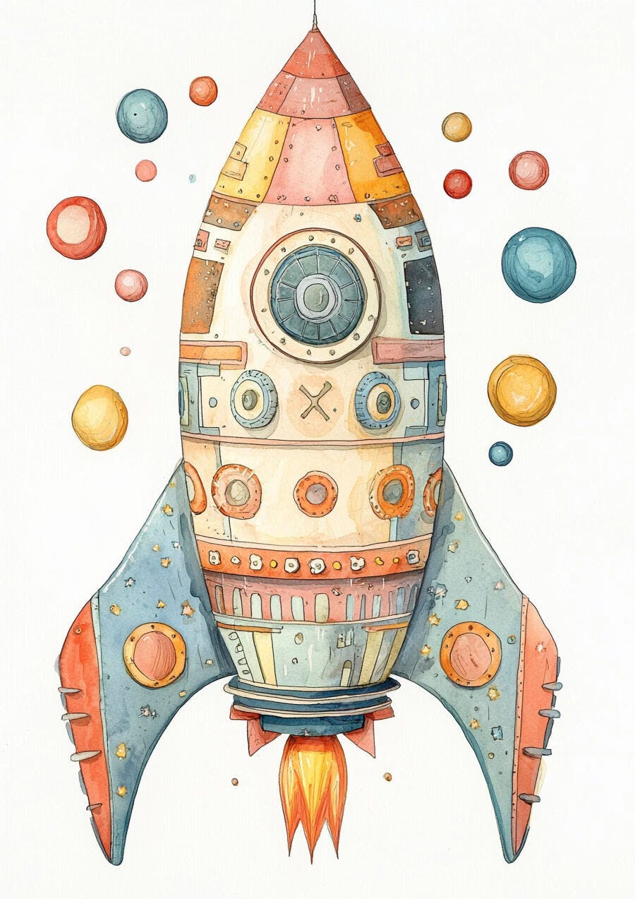 Foguete espacial infantil em aquarela com planetas coloridos