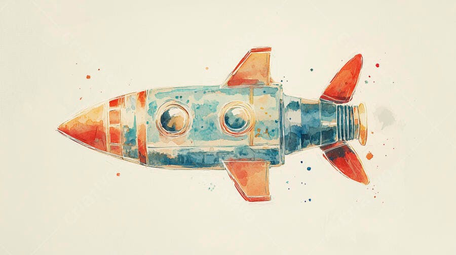 Foguete de aquarela azul e laranja com janelas para aventura espacial