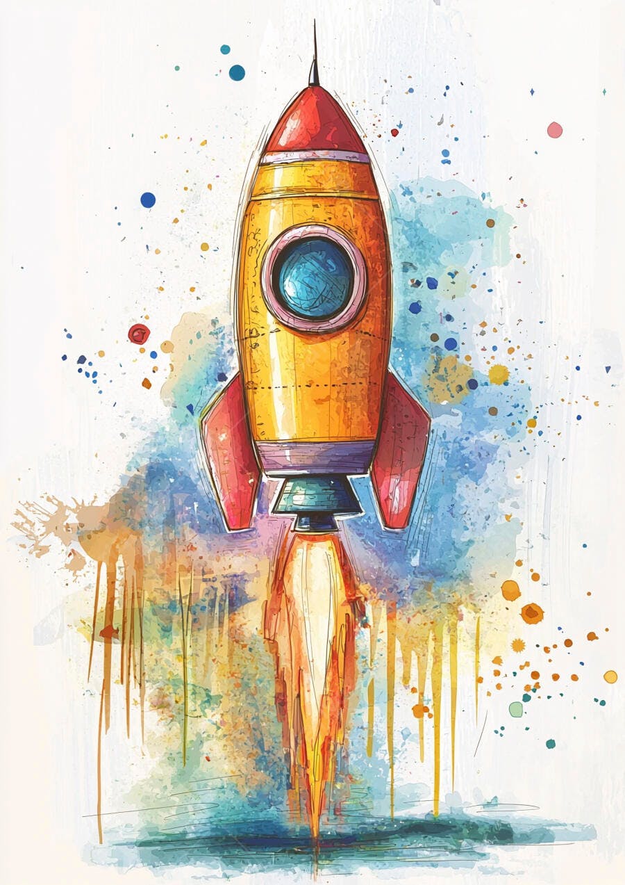 Foguete amarelo e vermelho em aquarela decolando com salpicos azuis e laranja