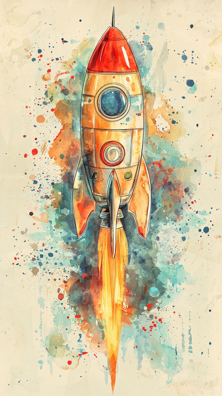 Foguete decolando em aquarela vibrante com respingos coloridos