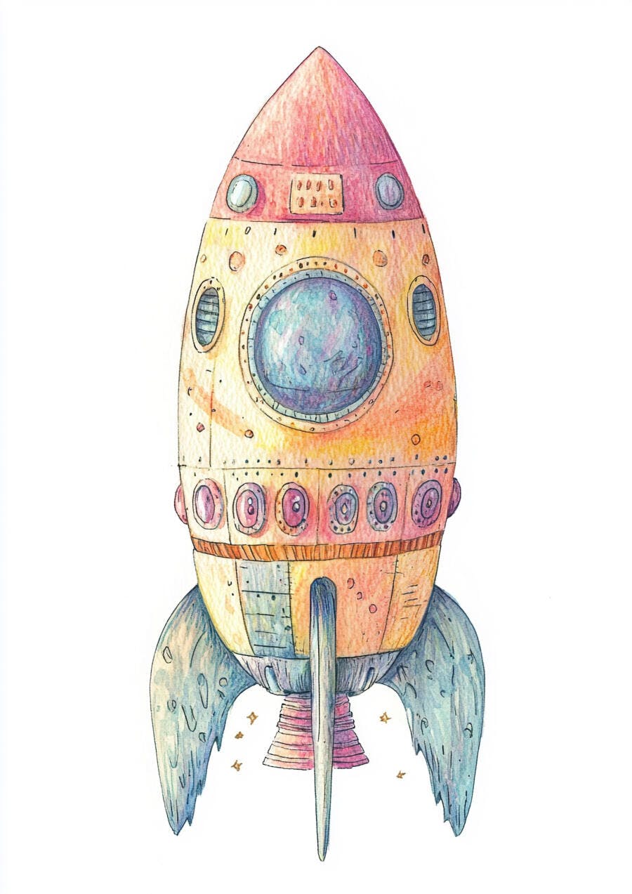Foguete de aquarela colorido ilustração infantil em fundo branco