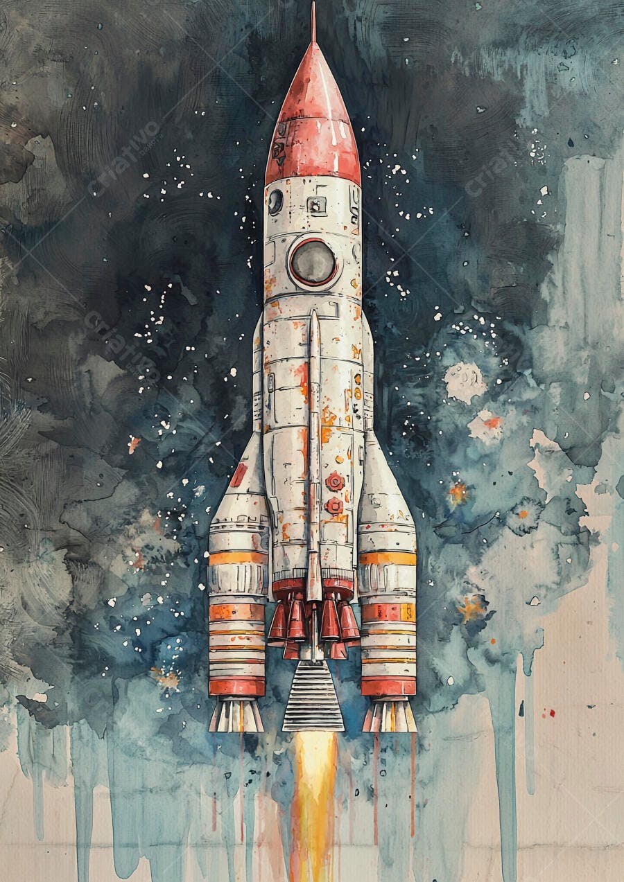 Foguete espacial vintage em aquarela decolando com rastro de fogo
