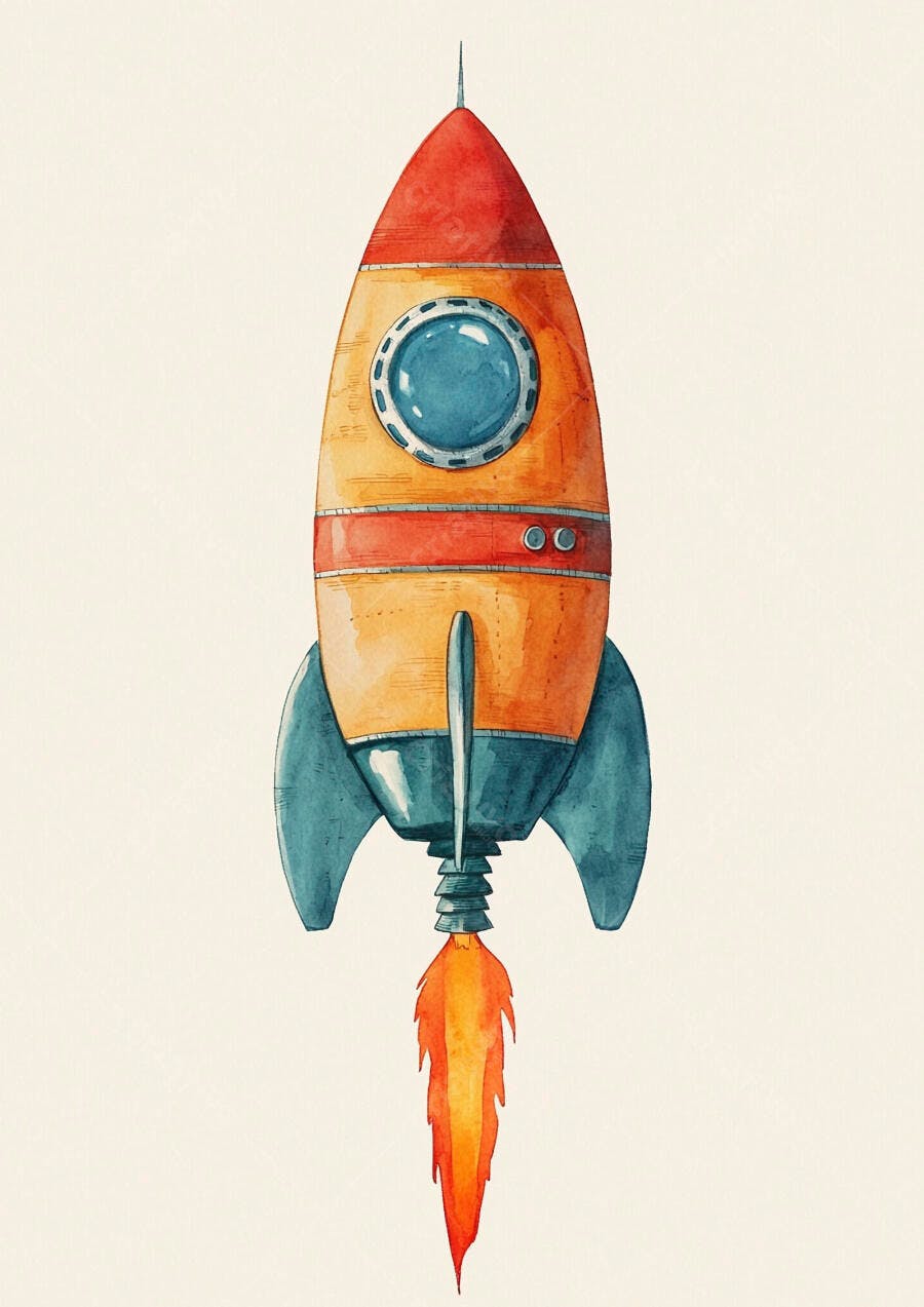 Foguete retrô laranja vermelho azul-petróleo em lançamento ilustração aquarela