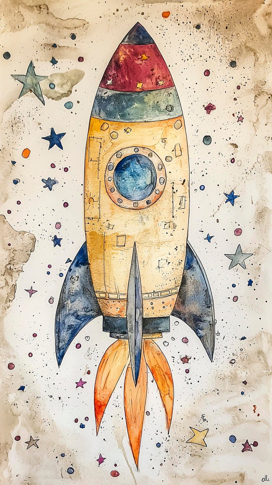 Foguete amarelo azul decolando entre estrelas ilustração aquarela infantil