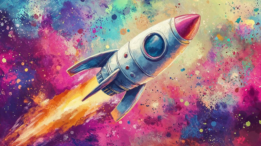 Foguete voando no espaço vibrante ilustração aquarela psicodélica