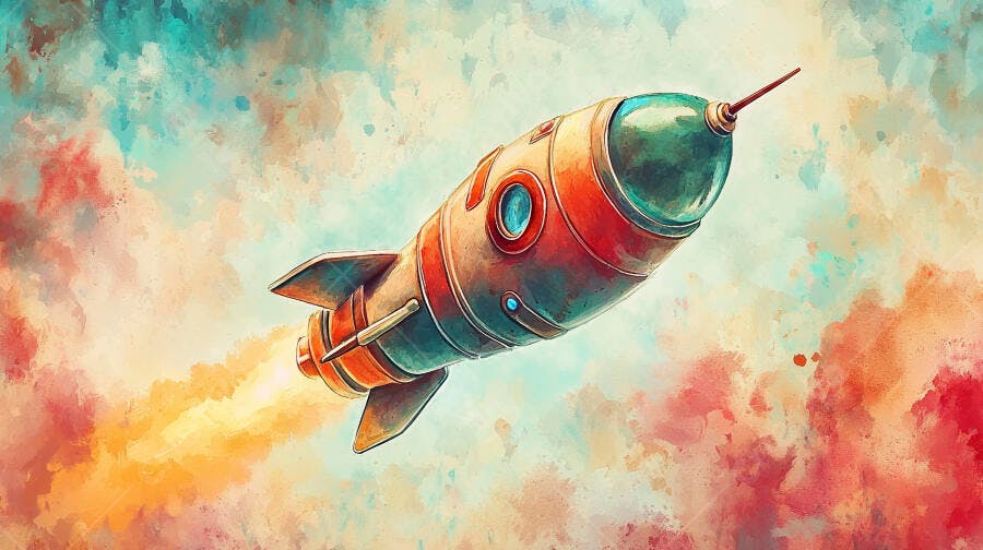 Foguete voando em céu de aquarela colorido ilustração infantil