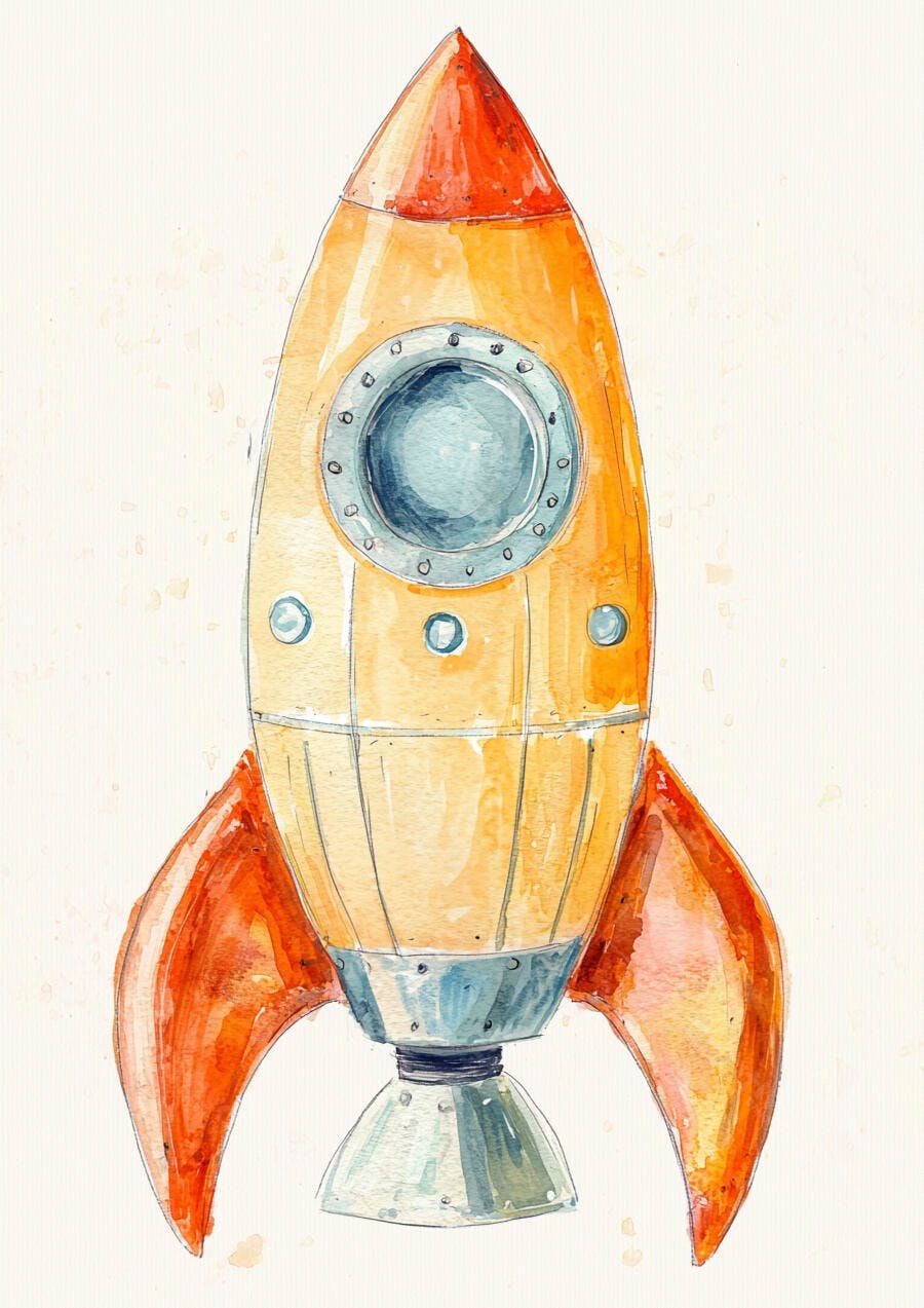 Foguete infantil laranja e vermelho em aquarela para decoração