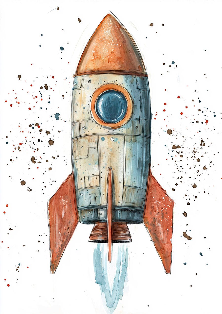 Foguete vintage em aquarela laranja e azul subindo com respingos de tinta