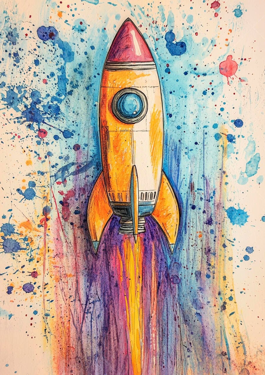 Foguete colorido em lançamento artístico com respingos de tinta vibrantes