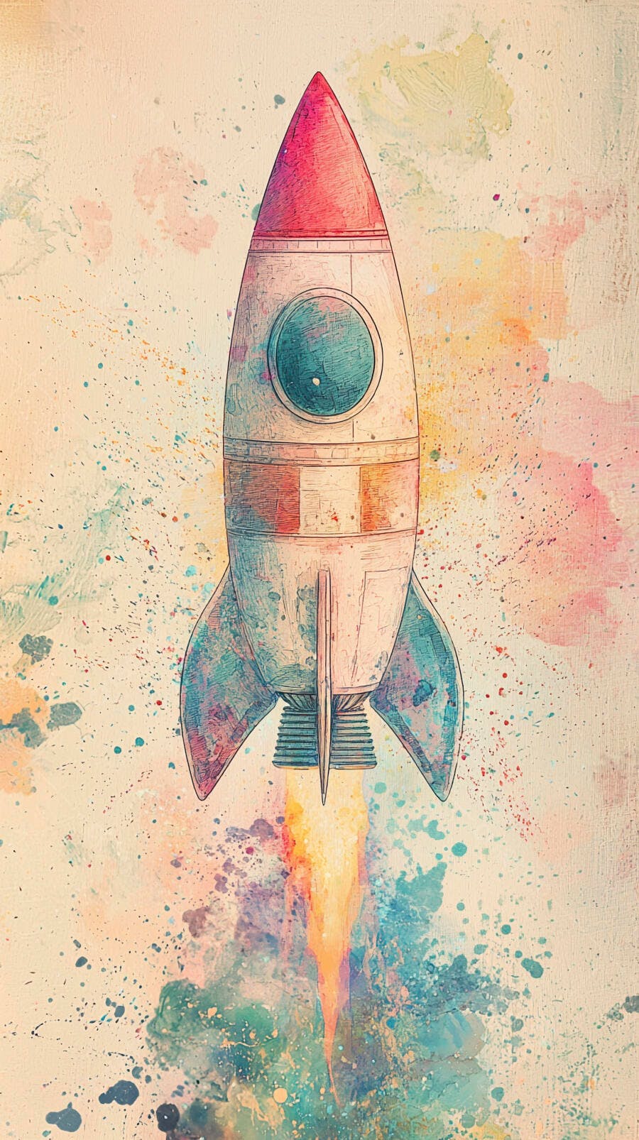 Foguete decolando em aquarela colorida com respingos de tinta vibrantes