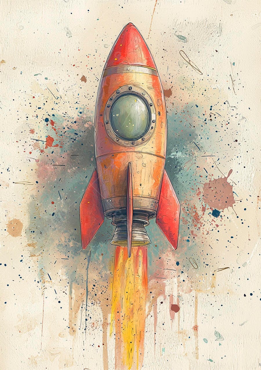 Foguete laranja e vermelho decolando estilo aquarela com respingos de tinta no fundo