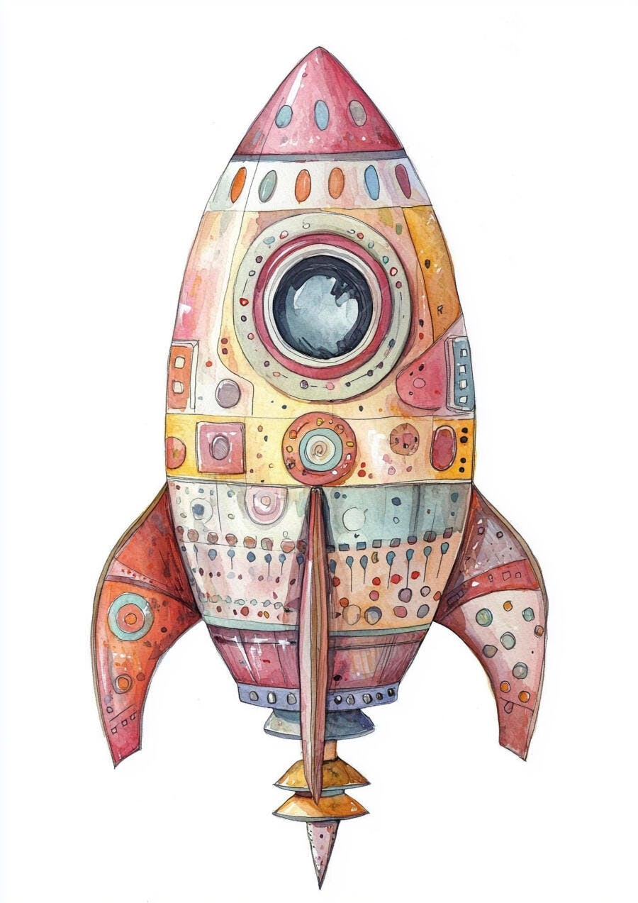 Foguete de aquarela colorido com detalhes lúdicos ilustração infantil