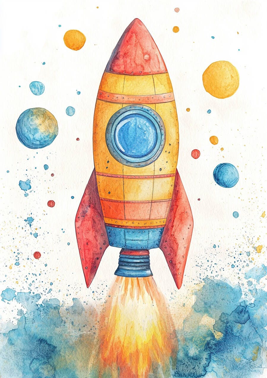 Foguete aquarela colorido decolando no espaço com planetas