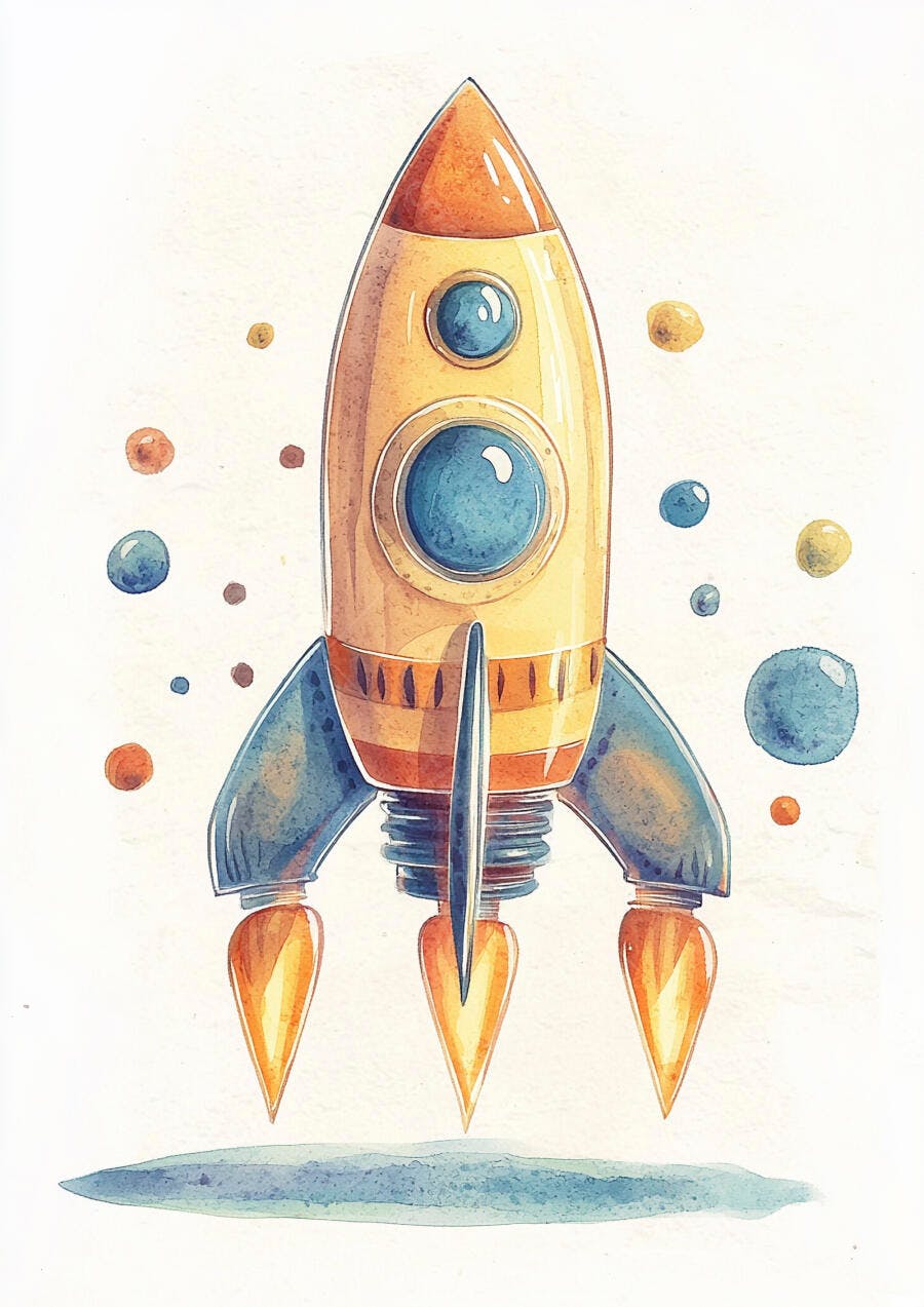 Foguete ilustração aquarela amarelo e azul decolando entre planetas coloridos