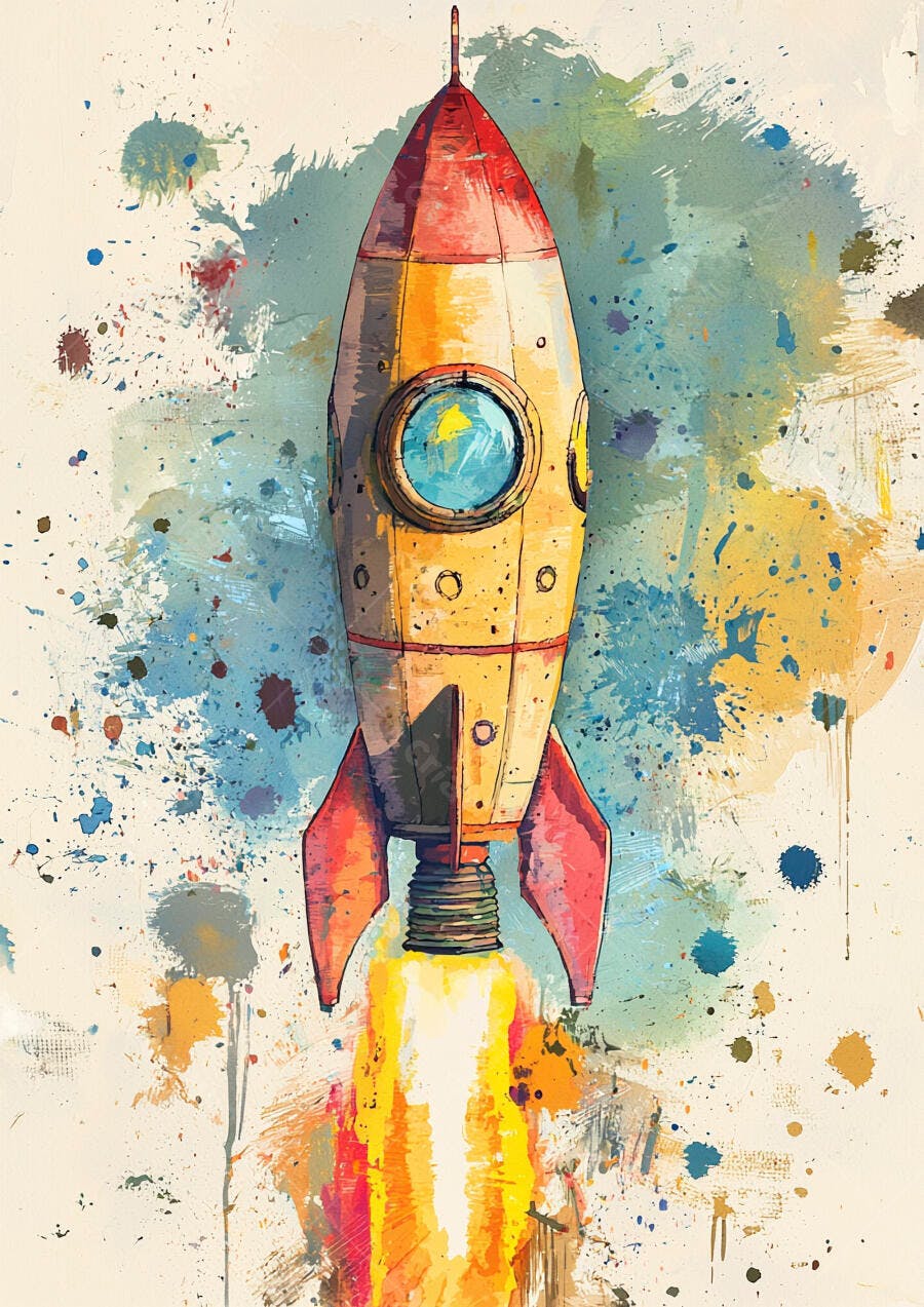 Foguete decolando em arte vibrante de aquarela e salpicos de tinta
