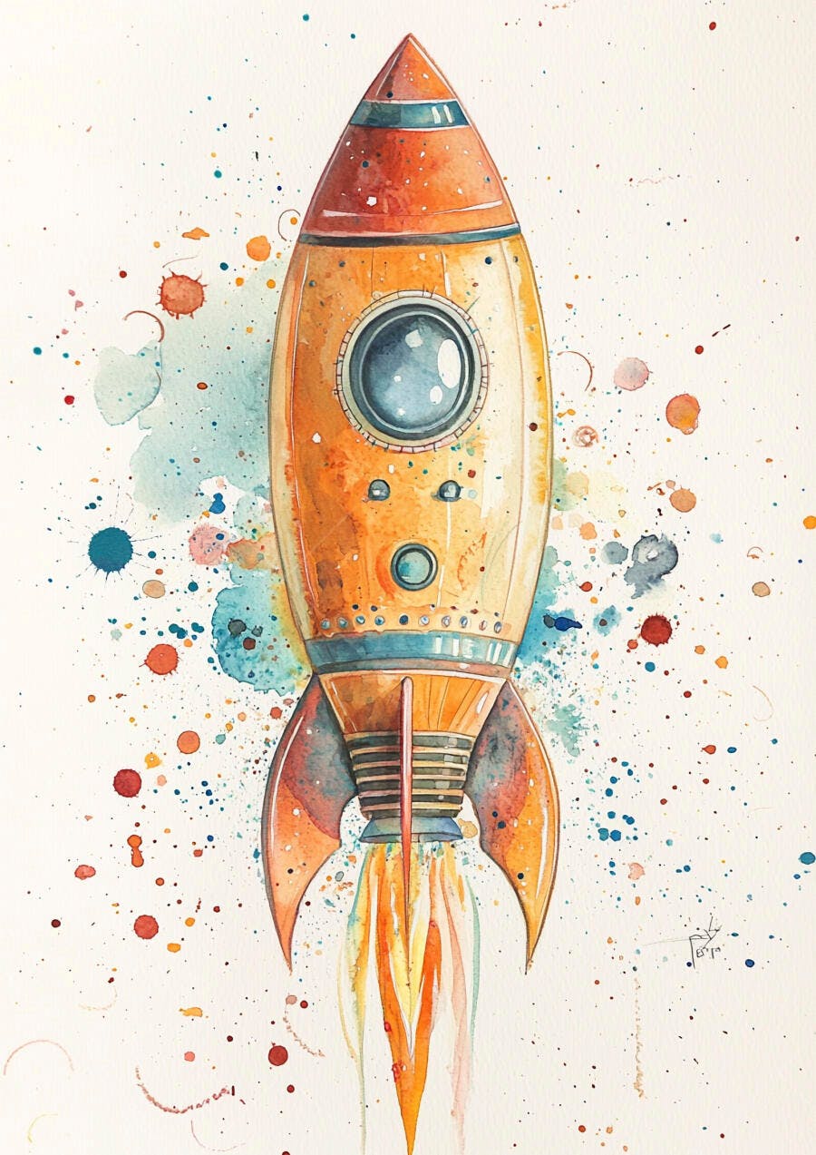 Foguete laranja e azul decolando em ilustração aquarela com respingos coloridos