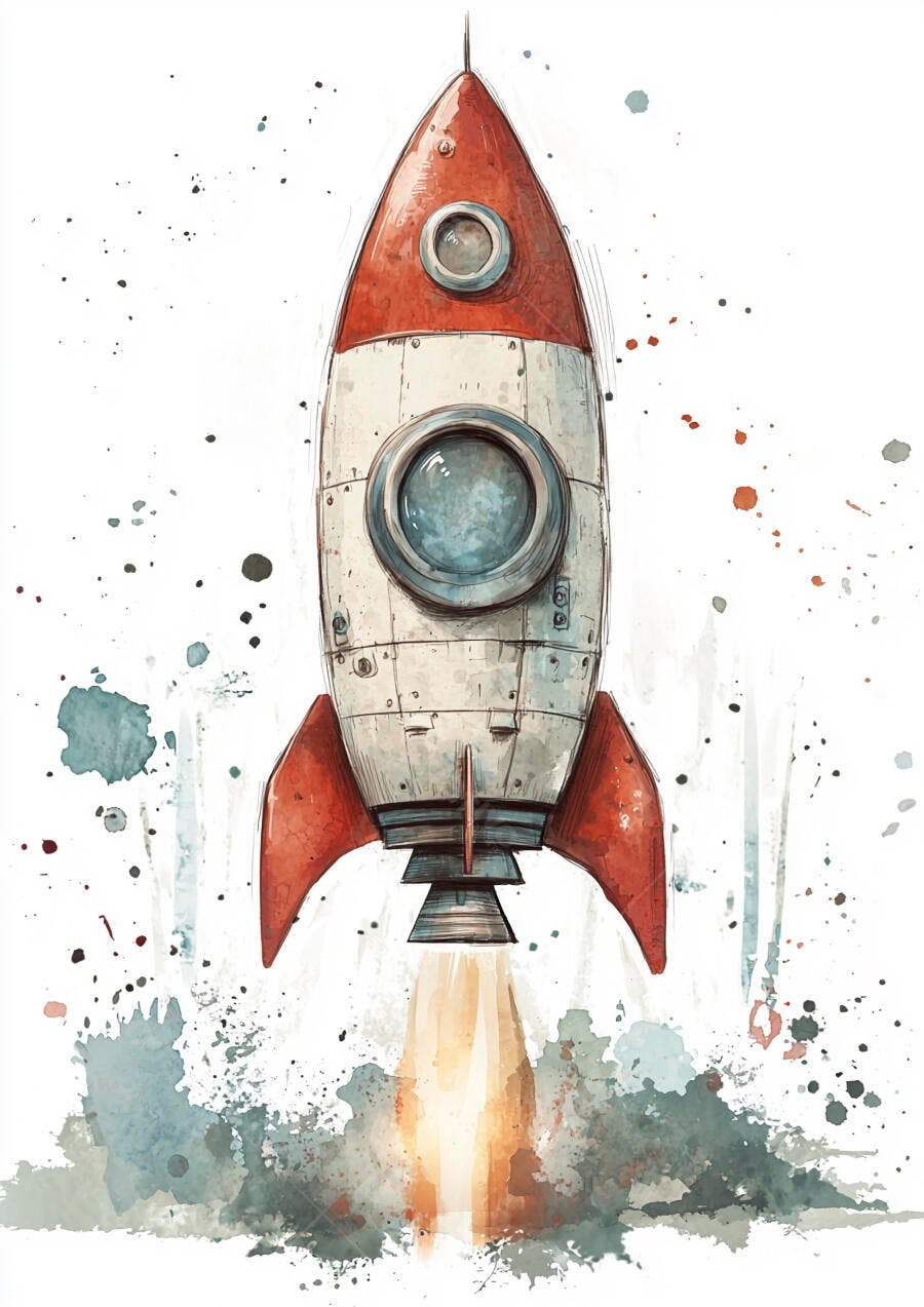Foguete vermelho branco decolando ilustração aquarela respingos fundo branco