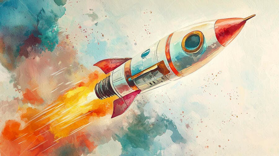Foguete ilustrado em aquarela decolando com chamas vibrantes