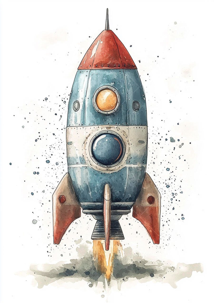 Foguete espacial azul e vermelho decolando ilustração aquarela divertida