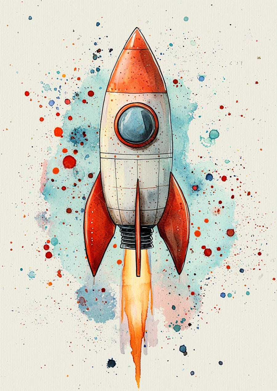 Foguete branco e laranja decolando em aquarela com respingos coloridos