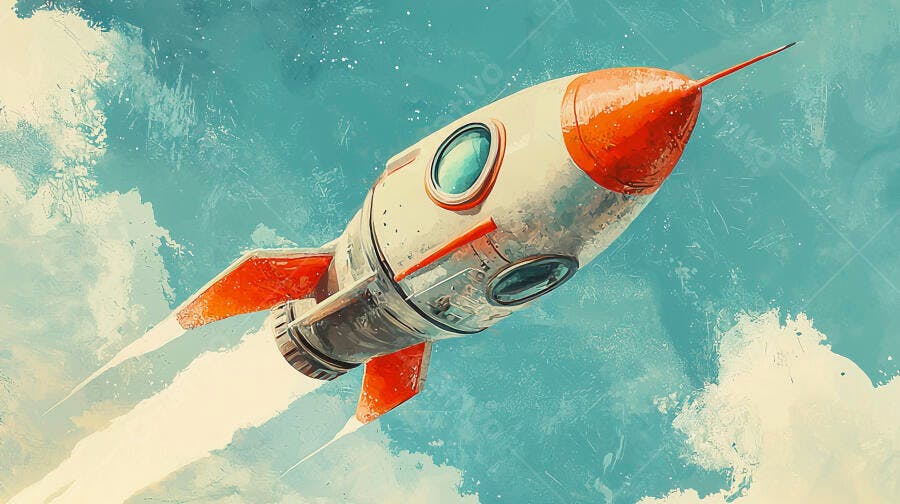 Foguete espacial laranja e branco voando no céu azul ilustrado