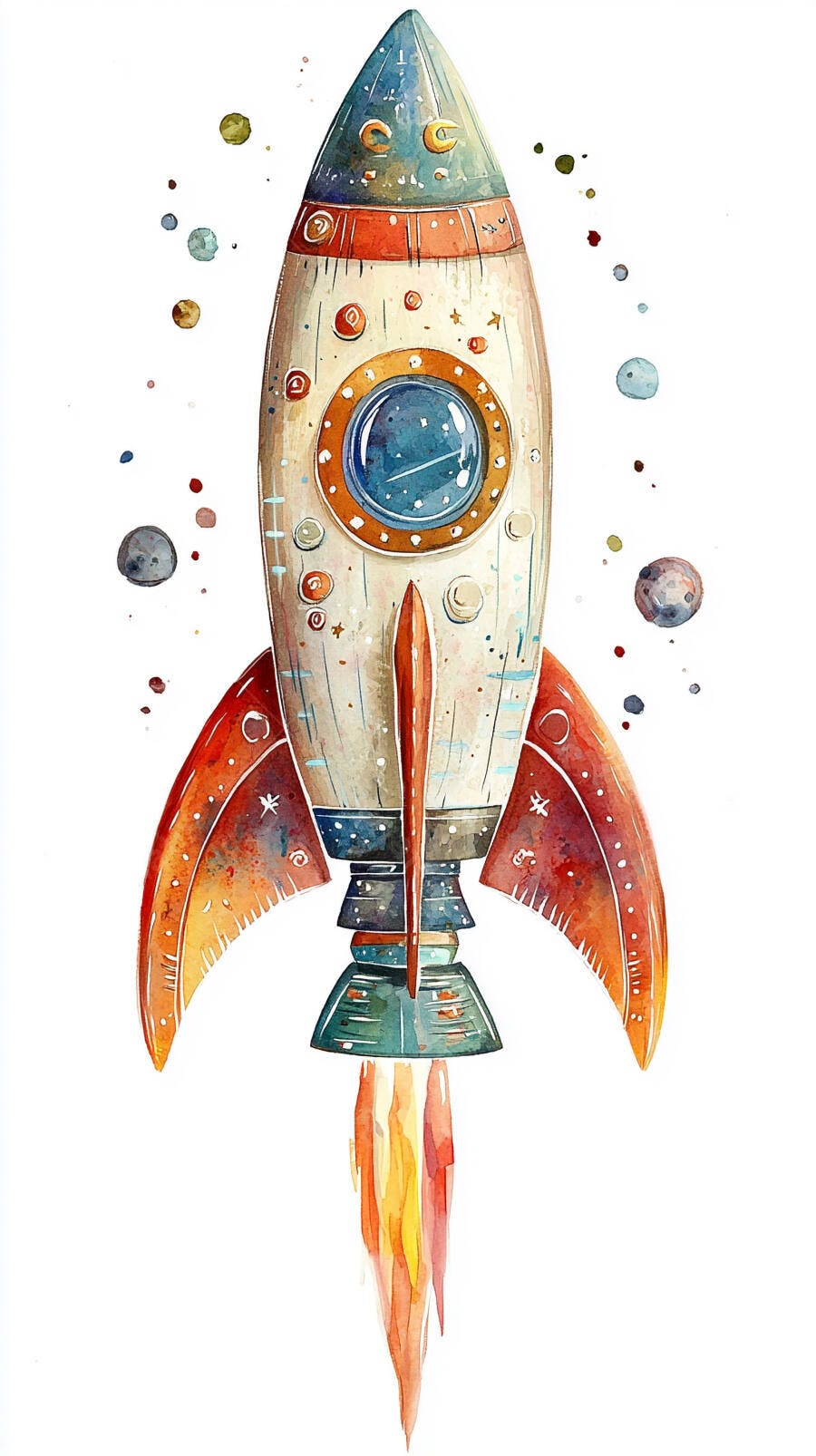 Foguete de aquarela vibrante voando com planetas em fundo branco