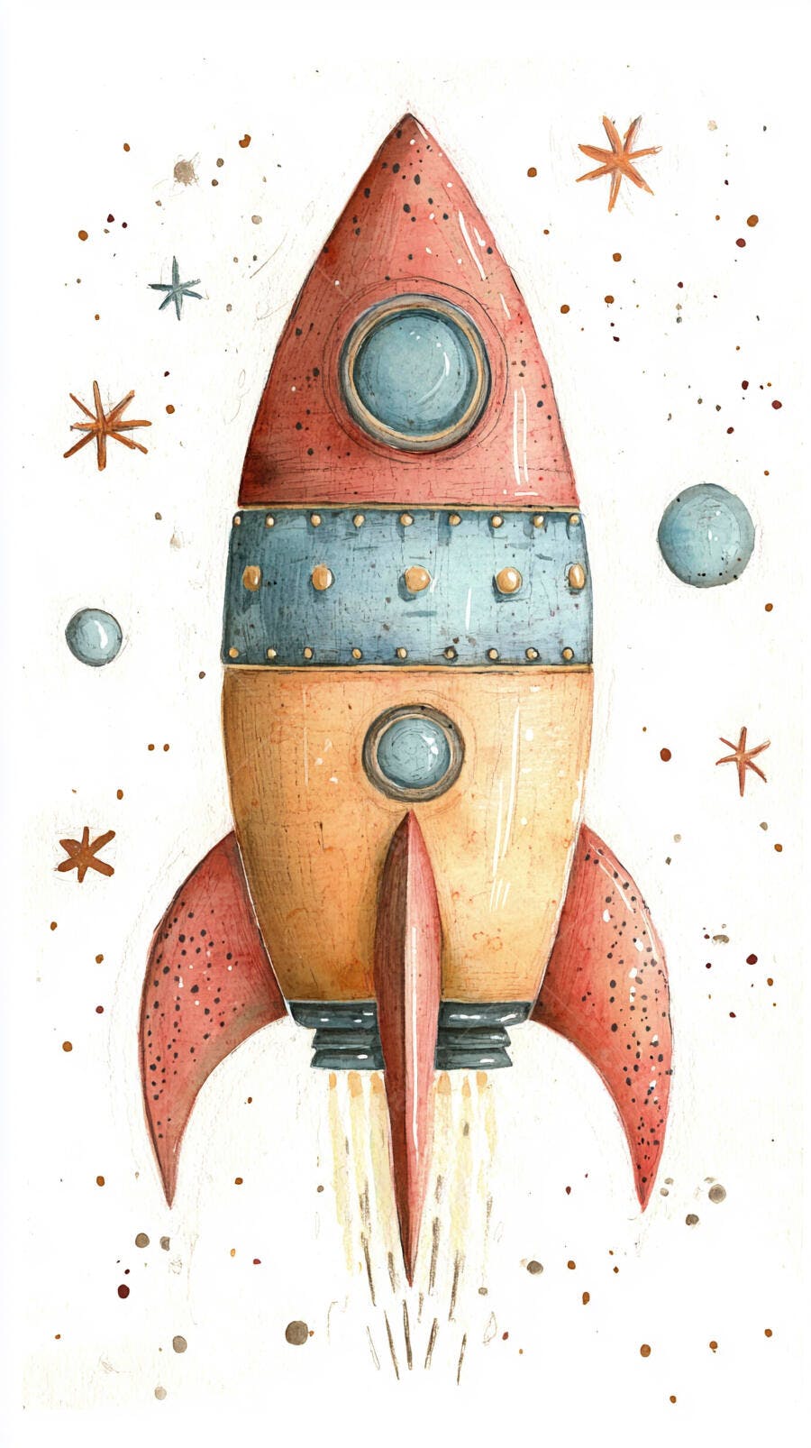 Foguete espacial aquarela vintage decolando com estrelas e planetas