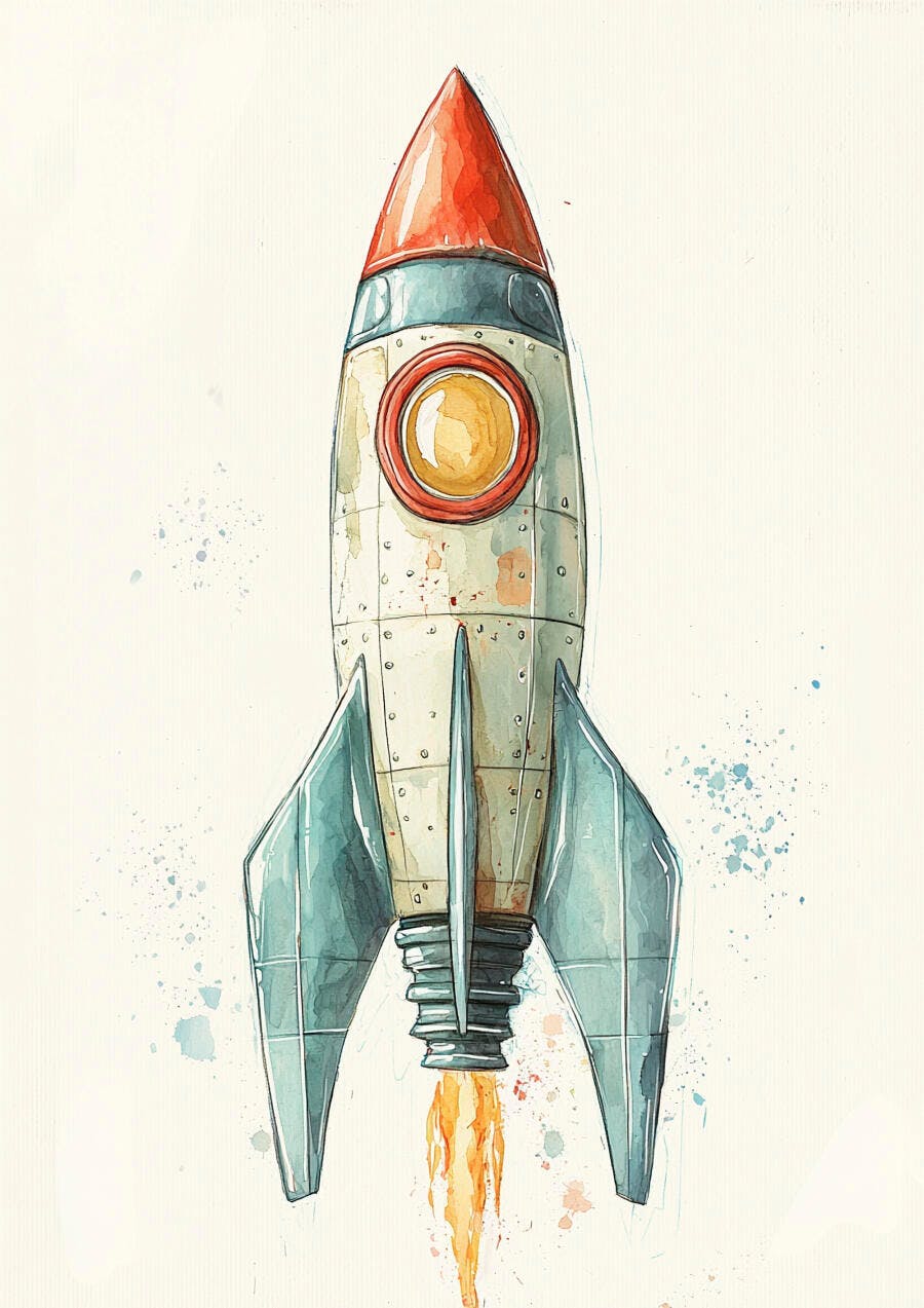 Foguete infantil colorido decolando ilustração aquarela vintage