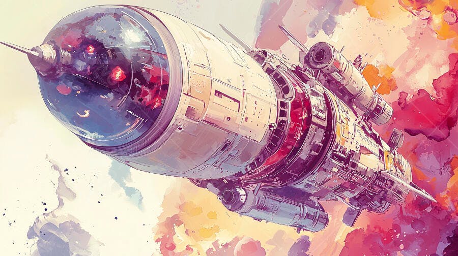 Nave espacial futurista voando entre nuvens cósmicas coloridas arte digital