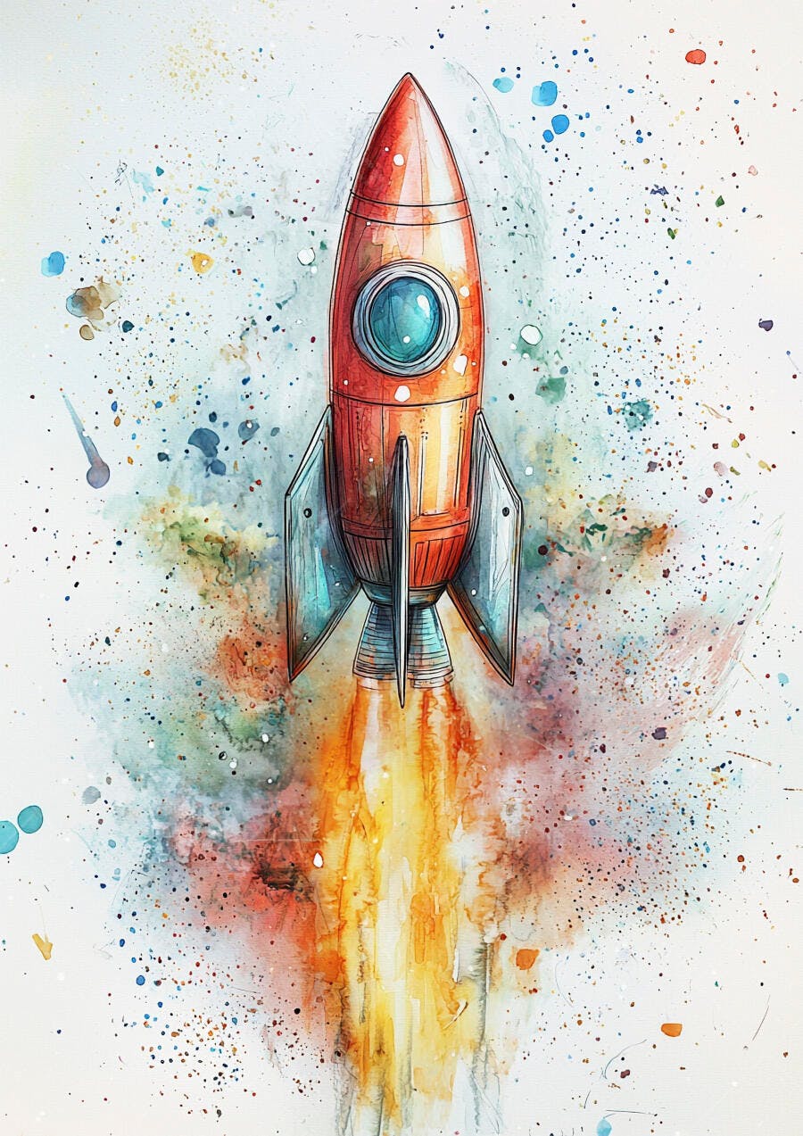 Foguete laranja decolando em aquarela vibrante com respingos coloridos