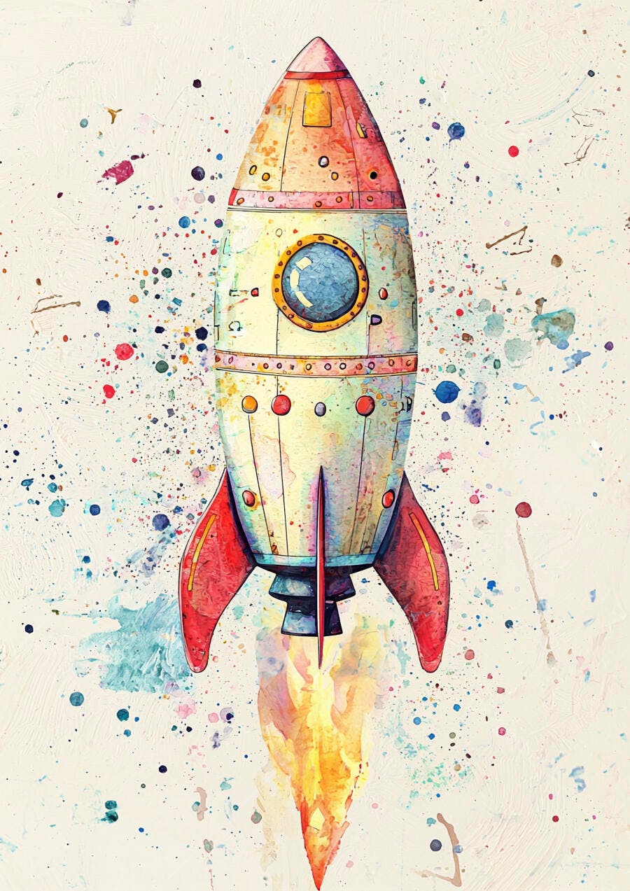 Foguete de aquarela colorido voando com respingos de tinta vibrantes ao fundo