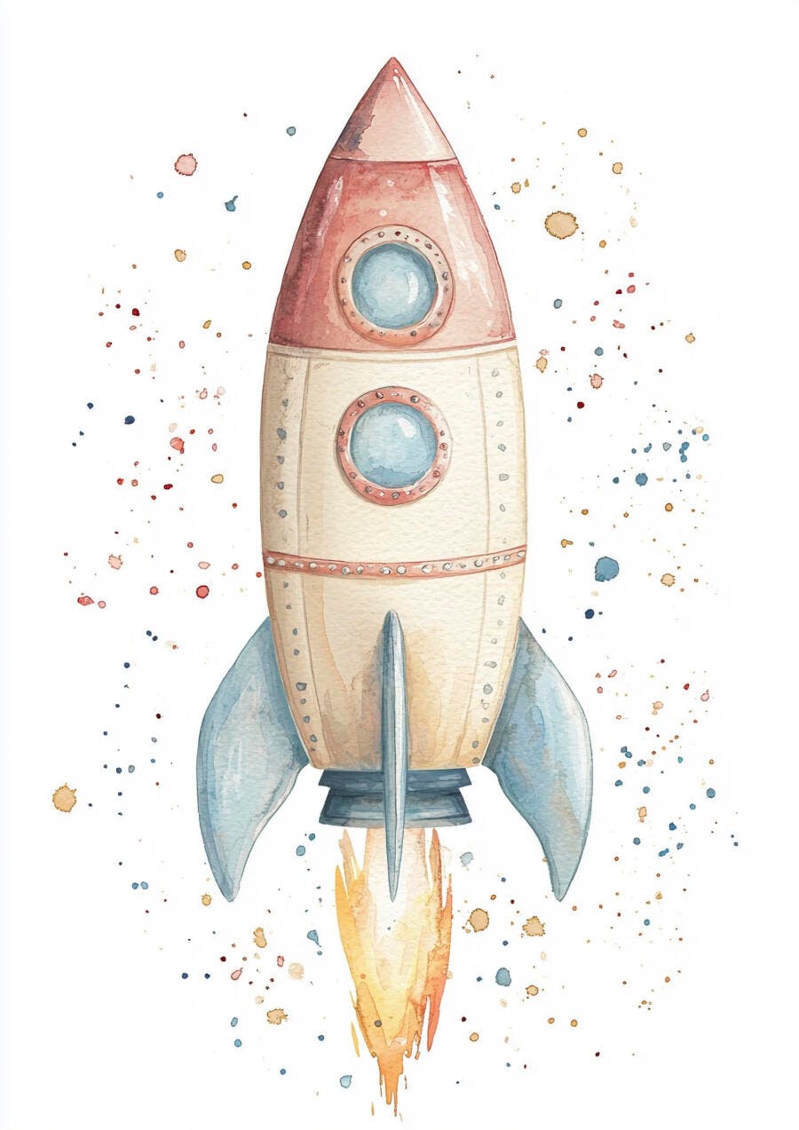 Foguete aquarela com cores pastel decolando em fundo branco com respingos