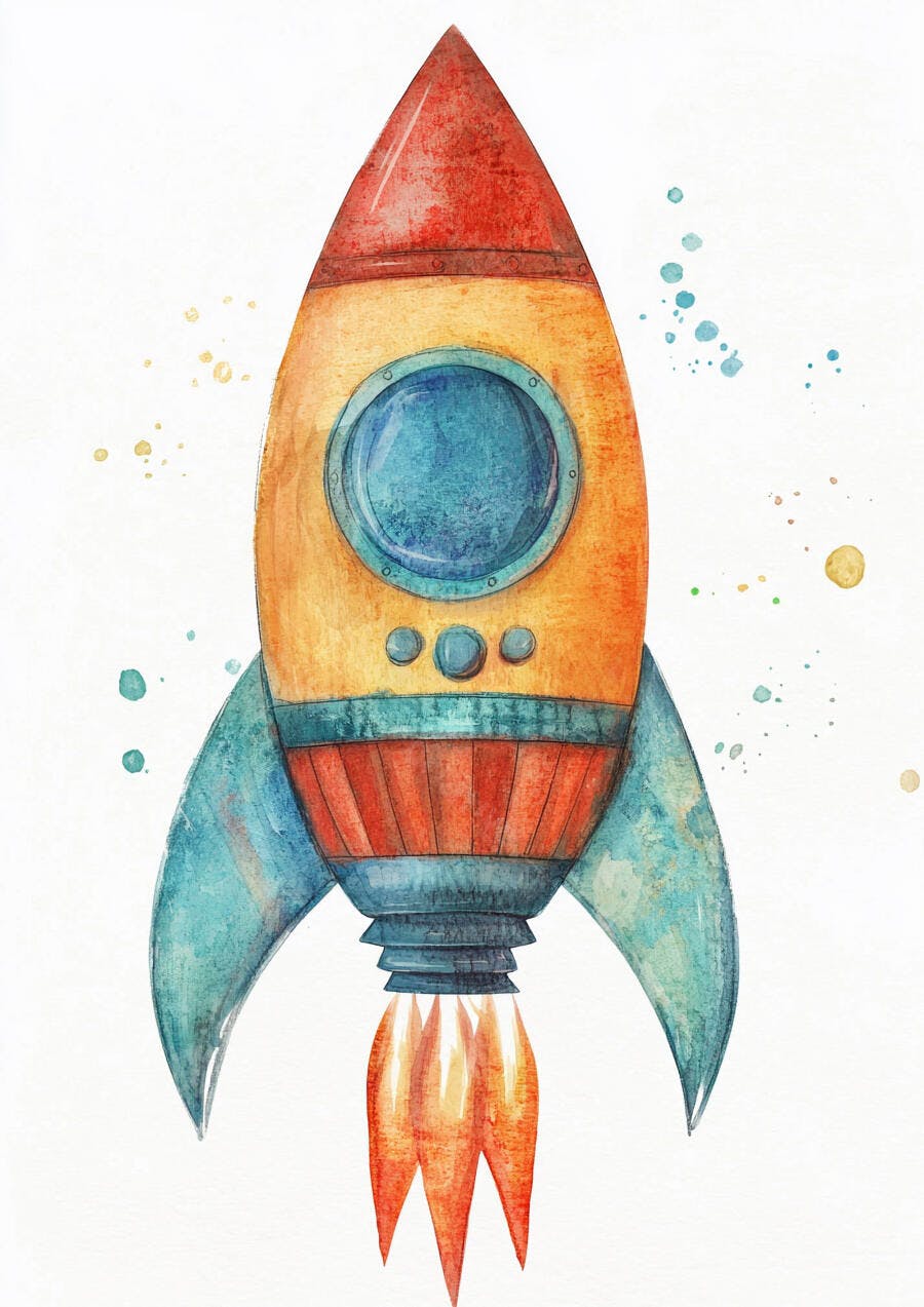 Ilustração de foguete em aquarela com cores laranja vermelho e azul