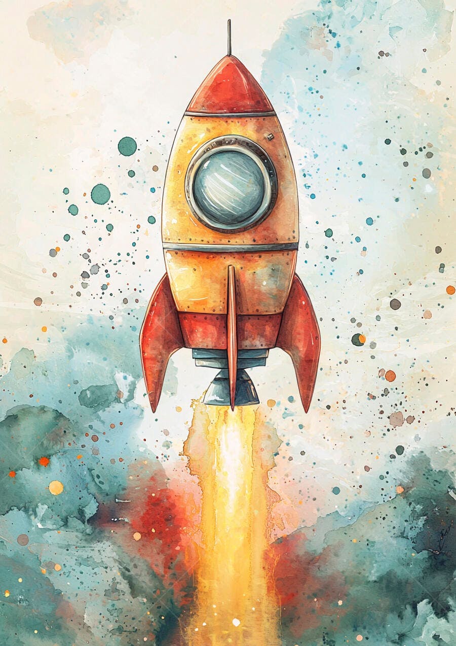 Foguete de aquarela vermelho e laranja em lançamento com rastro de fogo vibrante