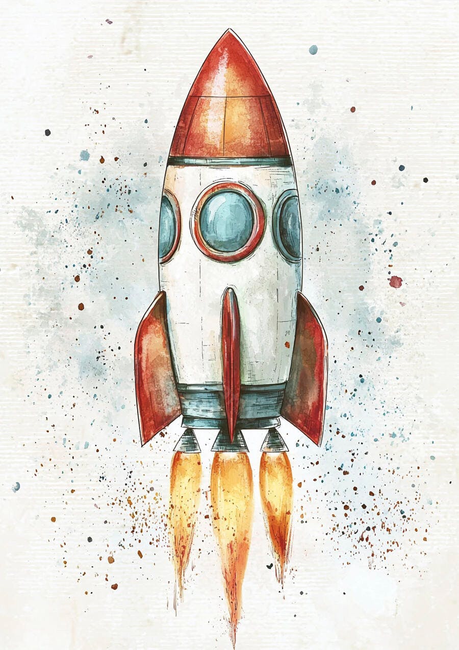 Foguete espacial vermelho e branco com chamas de aquarela sobre fundo texturizado
