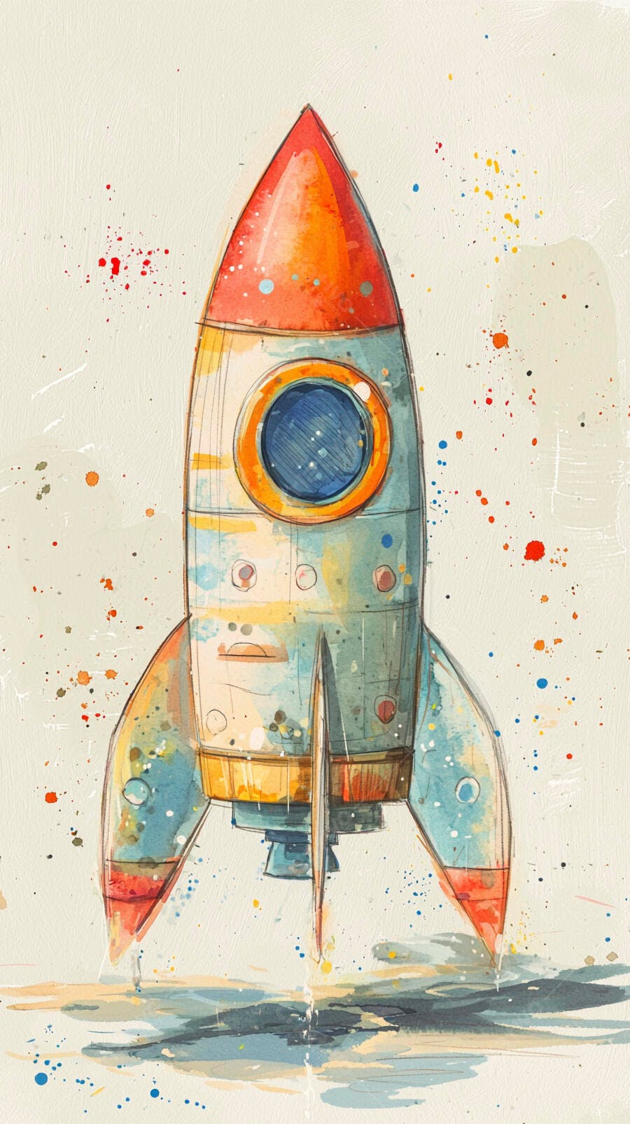 Foguete colorido em estilo aquarela com respingos de tinta vibrantes