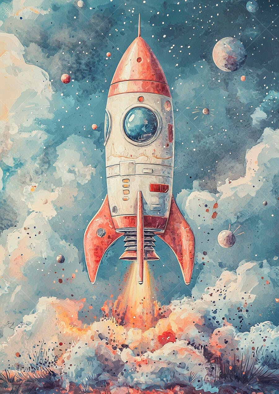 Foguete retrô vermelho e branco lançando ao espaço em aquarela