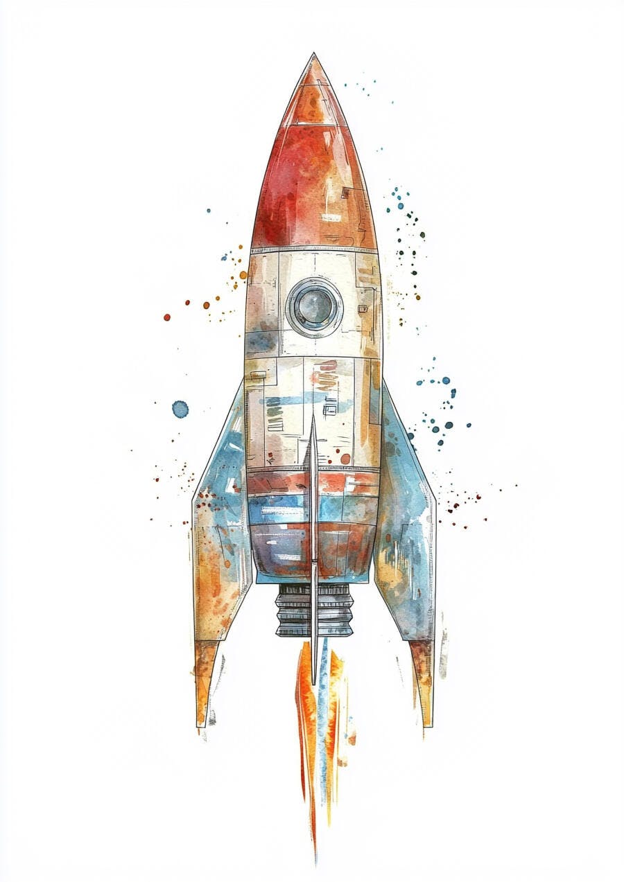 Foguete espacial vintage em aquarela com cores laranja e azul
