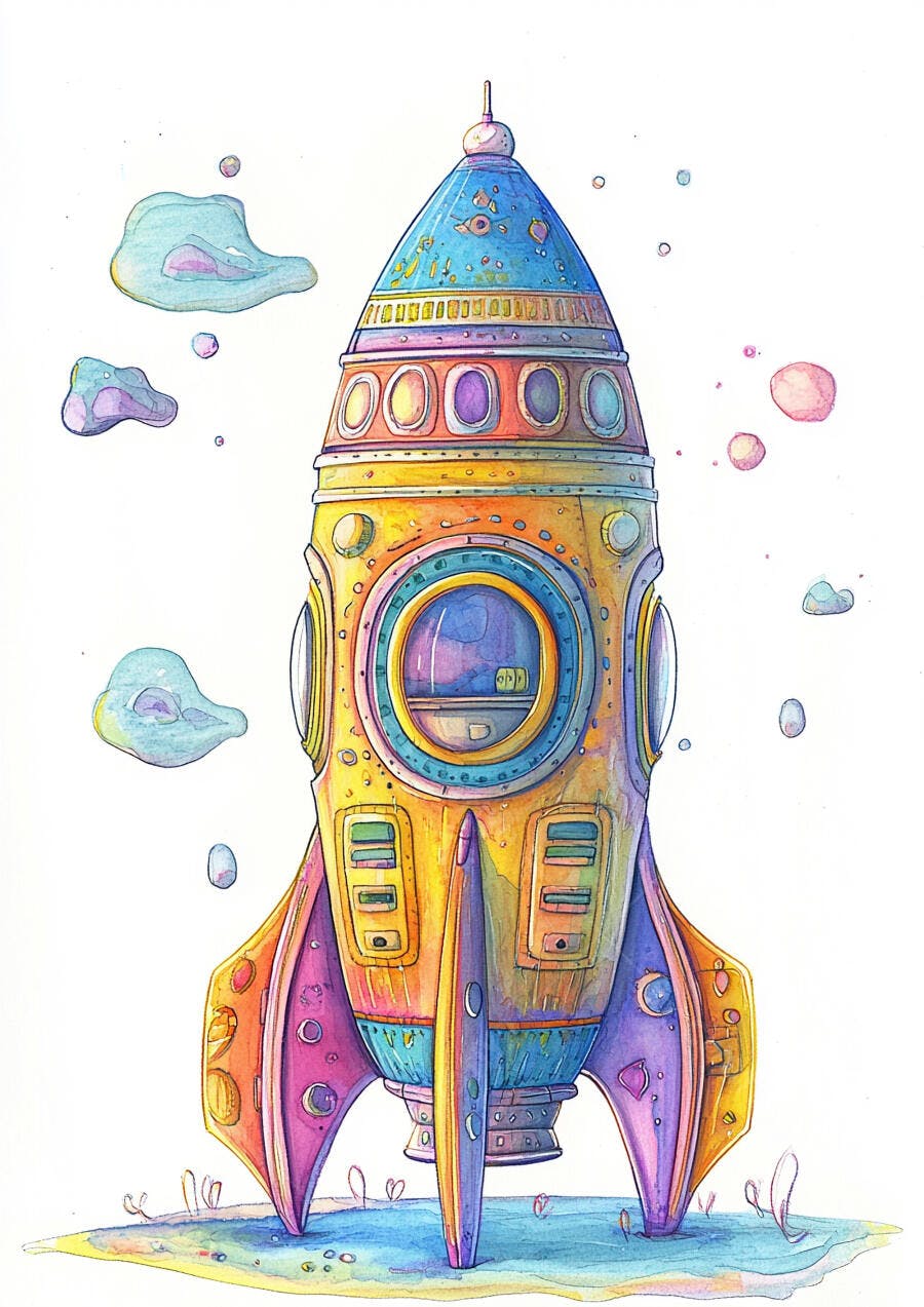 Foguete colorido em aquarela pousado em paisagem fantástica