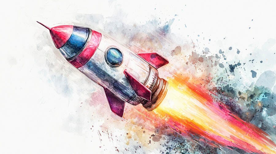 Foguete colorido em aquarela voando com chamas vibrantes e respingos de tinta