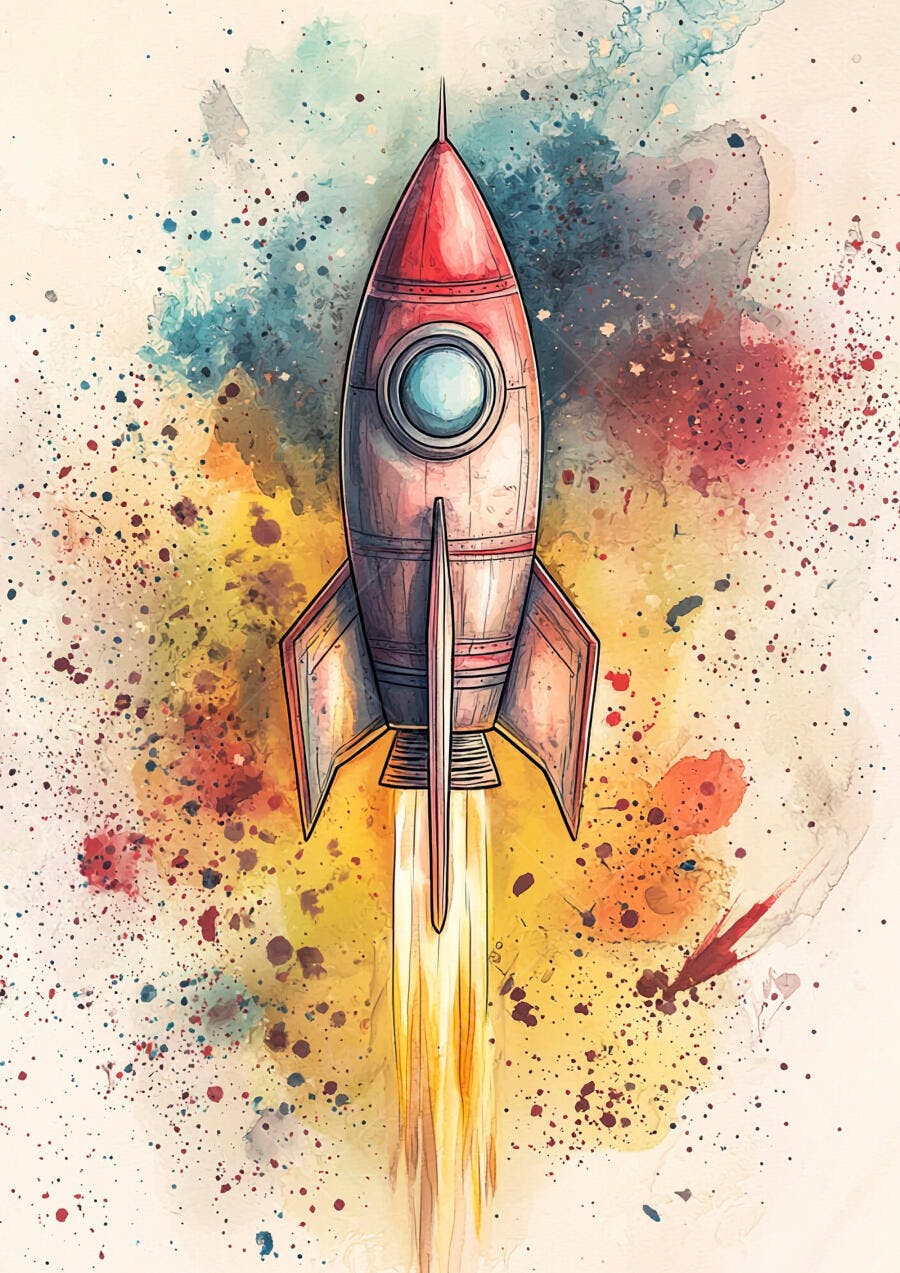 Foguete vermelho decolando em explosão de cores aquarela