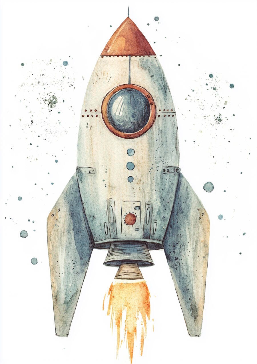 Foguete de aquarela vintage com chamas em fundo branco