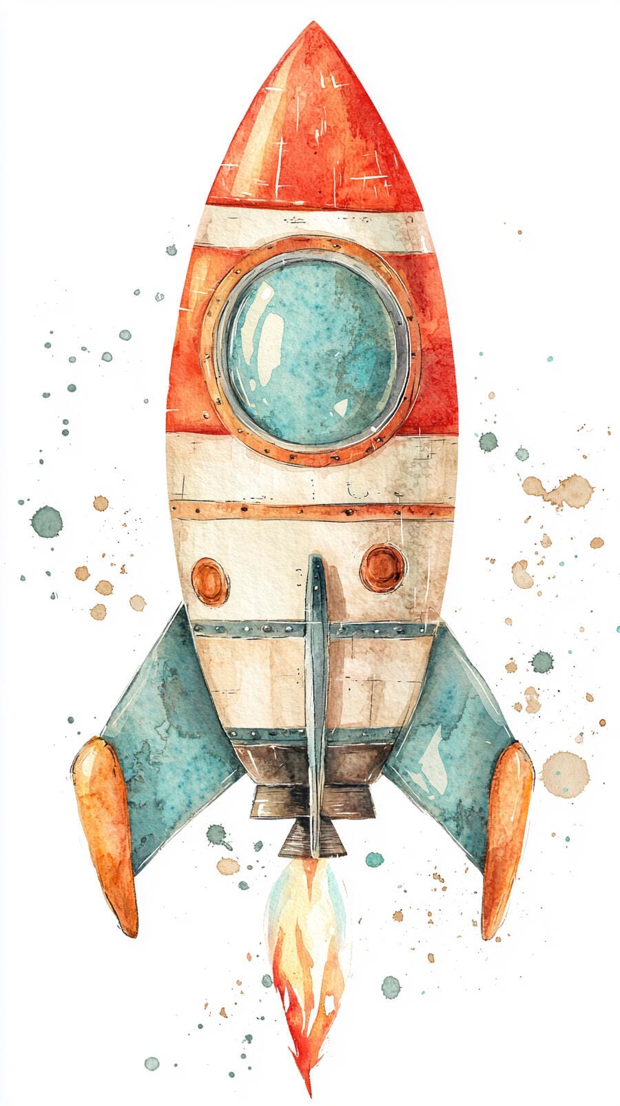 Foguete de aquarela vermelho e azul voando ilustração infantil