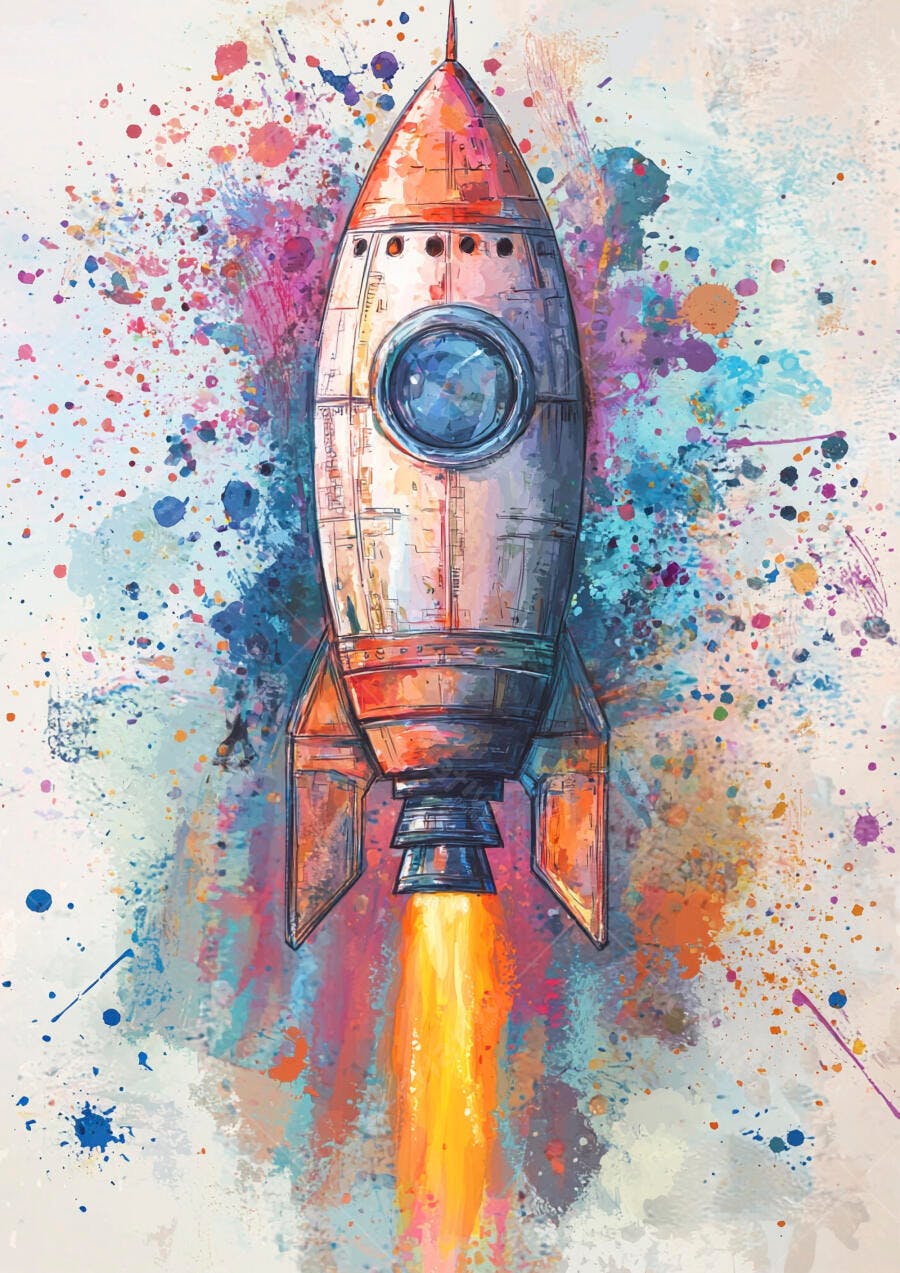 Foguete colorido em aquarela decolando com explosão de tinta abstrata