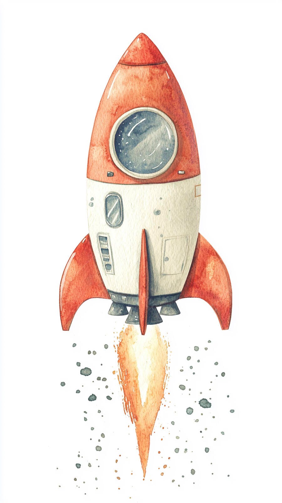 Foguete espacial laranja e branco decolando ilustração aquarela