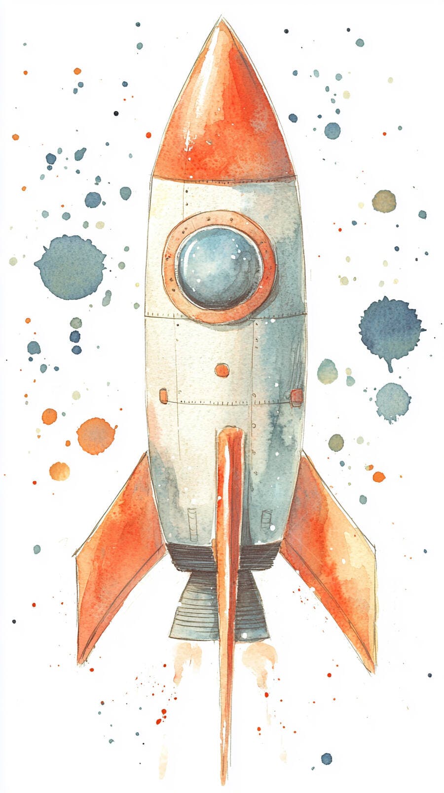 Foguete espacial infantil em aquarela laranja e azul com respingos artísticos