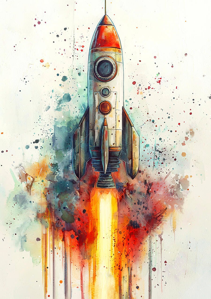 Foguete vintage decolando com explosão de cores aquarela