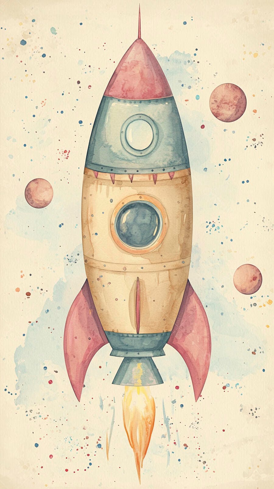 Foguete infantil colorido em aquarela viajando pelo espaço com planetas